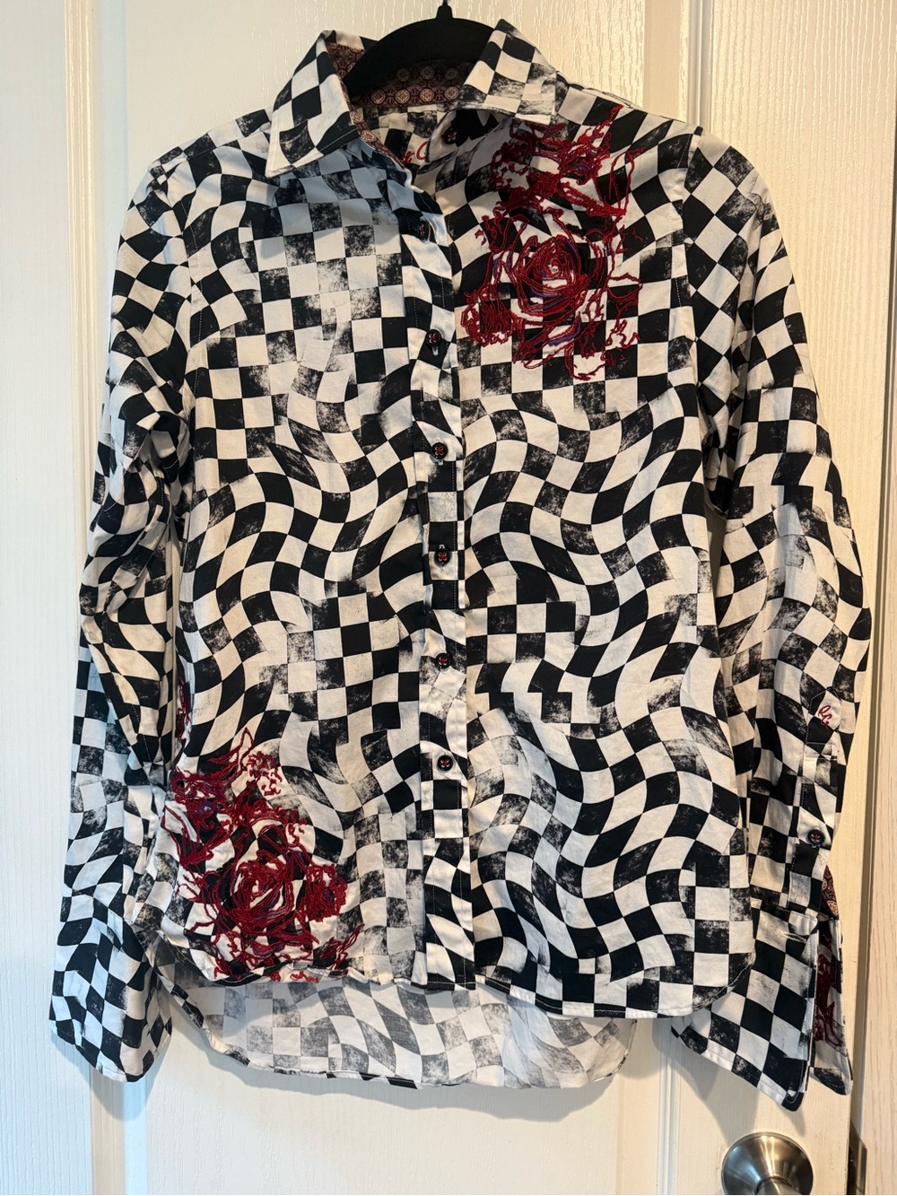 Robert Graham Black & White Checkerboard Button-Up with Red Floral Embroidery